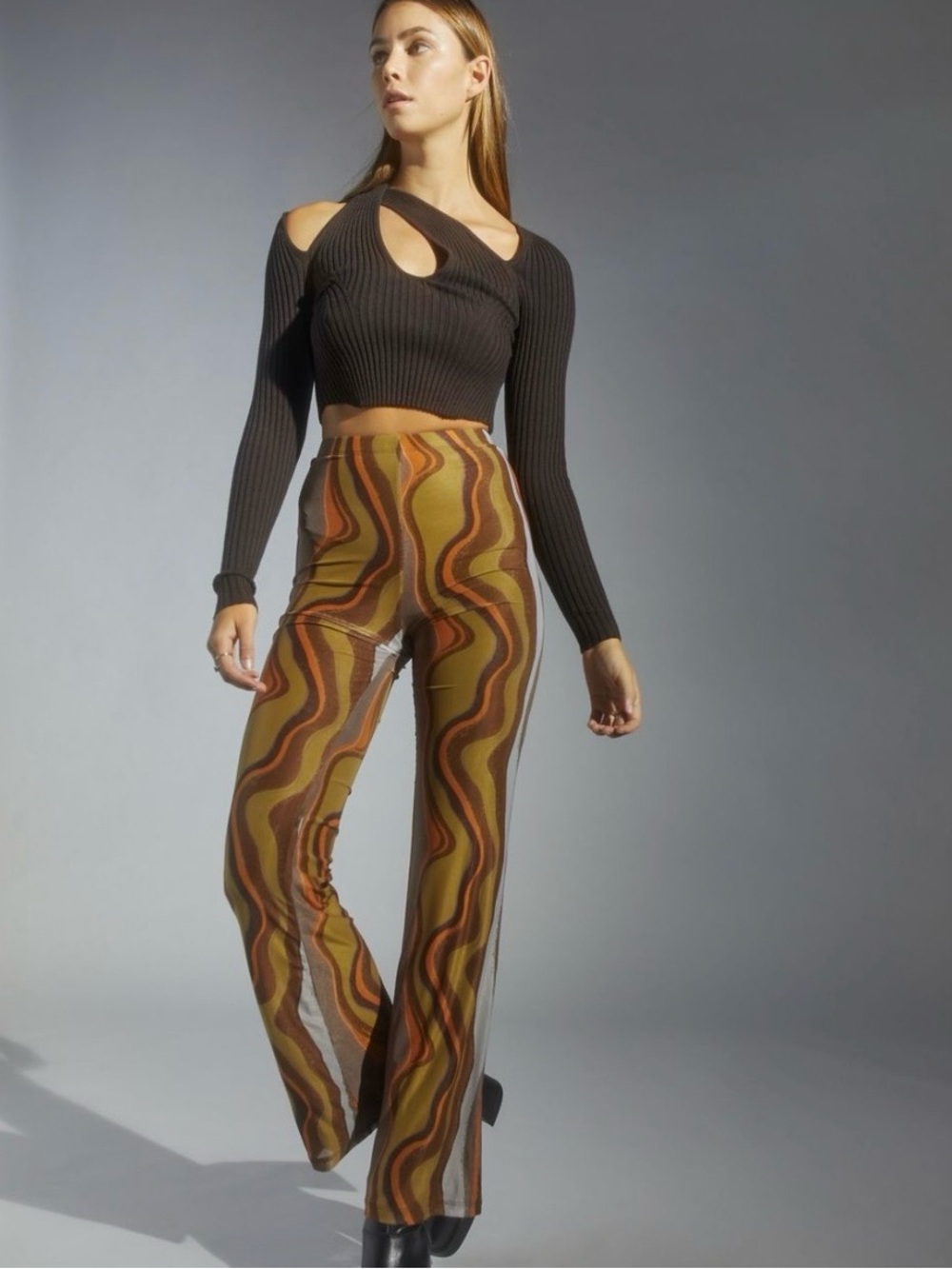 Motel Rocks Herly Trouser Pants High-Waist Wavy Sheer Brown Orange Yellow Small
